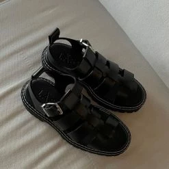 LÄST Daphny Black Leather Chunky Sandals