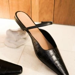 FLATTERED SHOES Dolores Black Croco Nappa Flat Mules