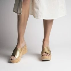 FABIO RUSCONI Dora Gold Cork Platform Sandals