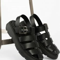 BUKELA NEW IN Elisa Black Leather Chunky Sandals