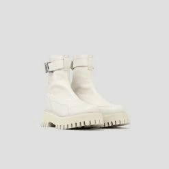 BRONX Groovy Stretch Buckle White Ankle Boots