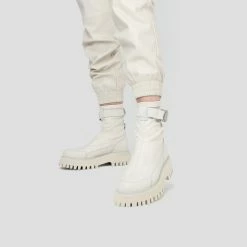 BRONX Groovy Stretch Buckle White Ankle Boots