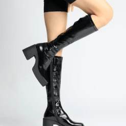 AKAADA Izumi Black Patent Stretch Leather Chunky Boots NEW IN