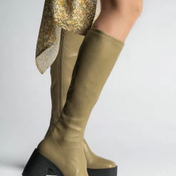 AKAADA Izumi Khaki Stretch Leather Chunky Boots NEW IN