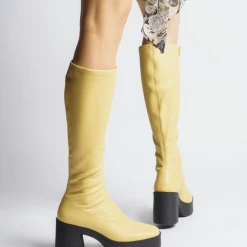 AKAADA Izumi Pastel Yellow Stretch Leather Chunky Boots NEW IN
