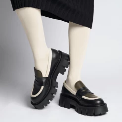 AKAADA NEW IN Mikki Black Khaki Leather Chunky Loafers