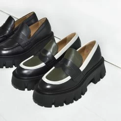 AKAADA NEW IN Mikki Black Khaki Leather Chunky Loafers