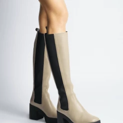AKAADA SHOES Momoko Taupe Knee-High Leather Chelsea Boots
