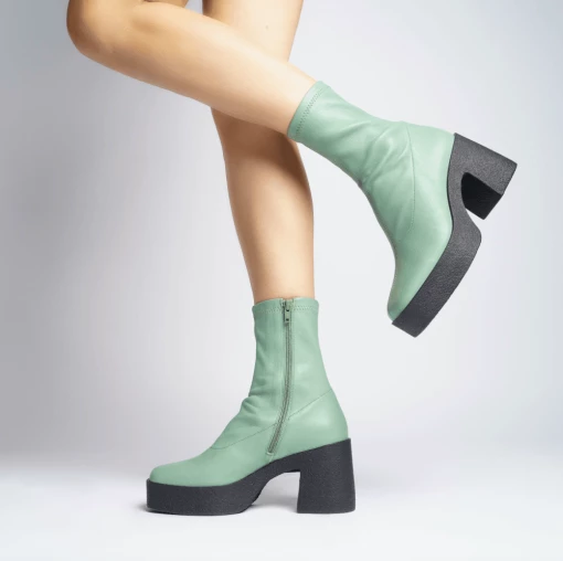 AKAADA Umi Sage Green Stretch Leather Chunky Ankle Boots NEW IN