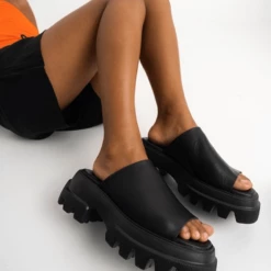 COPENHAGEN STUDIOS Vitello Black Chunky Slides Sandals SHOES