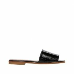 FLATTERED Yola Leather Croco Black Flat Sandals SHOES