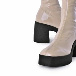 AKAADA Yoshi Beige Thigh-High Stretch Patent Boots