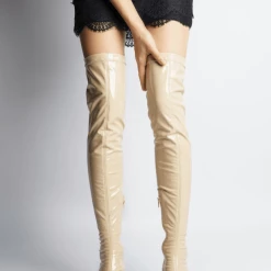 AKAADA Yoshi Beige Thigh-High Stretch Patent Boots