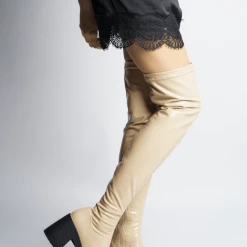 AKAADA Yoshi Beige Thigh-High Stretch Patent Boots
