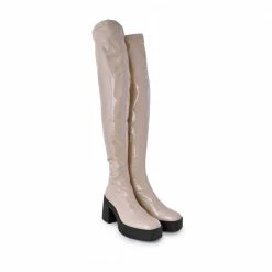 AKAADA Yoshi Beige Thigh-High Stretch Patent Boots