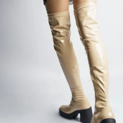 AKAADA Yoshi Beige Thigh-High Stretch Patent Boots