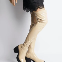 AKAADA Yoshi Beige Thigh-High Stretch Patent Boots