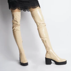 AKAADA Yoshi Beige Thigh-High Stretch Patent Boots