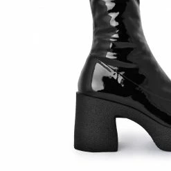 AKAADA Yoshi Black Thigh-High Stretch Patent Boots