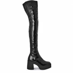 AKAADA Yoshi Black Thigh-High Stretch Patent Boots