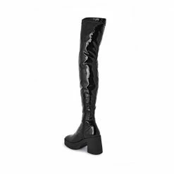 AKAADA Yoshi Black Thigh-High Stretch Patent Boots