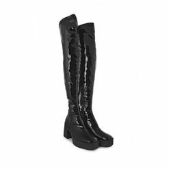AKAADA Yoshi Black Thigh-High Stretch Patent Boots
