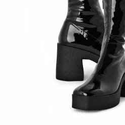 AKAADA Yoshi Black Thigh-High Stretch Patent Boots