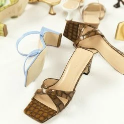 AKAADA Yumi Brown Croco Embossed Leather Sandals